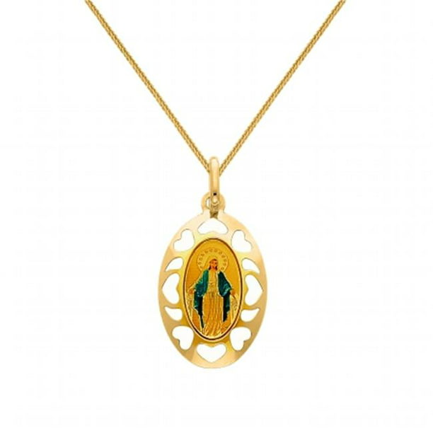 14k Yellow Solid Gold and Enamel Virgin Mary Religious Pendant